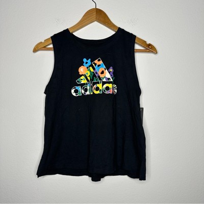 Adidas Tank Top Girls Large Black Floral Casual Summer Sports