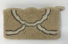 Vtg 1940s Ivory Pearl Beaded Zipper Purse, Art Deco, Champagne Clutch, Japan EUC