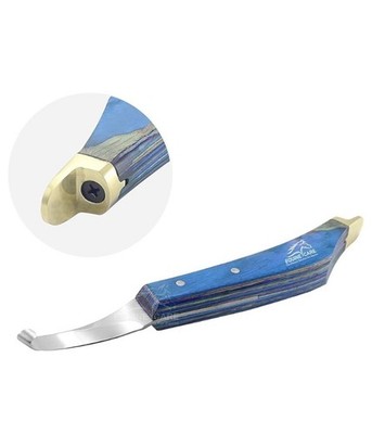 Right-Handed Hoof Knife-Ultra Sharp J2 SS Blade Brass Topper Equine Care Blue
