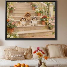 Shih Tzu Oil Painting Floral Dog Artwork Canvas Print Living Room Decor Wall Art