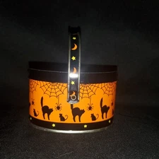 Vintage Keller Charles Philadelphia Mini Halloween Tin Box Handle Black Cat, Web