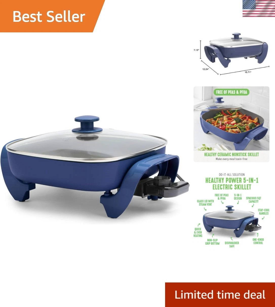 12" 5QT Square Electric Skillet, Glass Vented Lid, Ceramic PFAS-Free Nonstick...