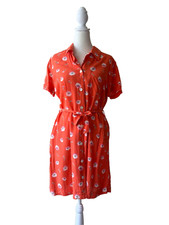 GAP Orange Floral Button Front Shirt Dress S Short Sleeve Belted Rayon Vintage