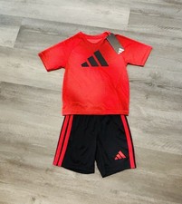 New Adidas red logo tee  black stripe logo shorts set size 4T