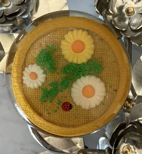 Vintage 1970s Daisy & Lady Bug Lucite Resin Art Trivet - product listing photo