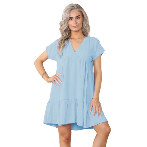 Ladies Tiered Smock Mini Dress Flared Summer Dress Short Sleeve Ruffle Hem Top - Picture 15 of 28