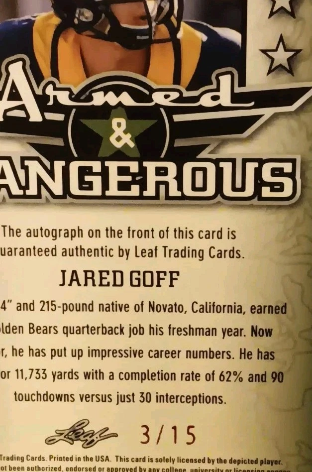2016 JARED GOFF RC LEAF METAL DRAFT SSP AUTO/15 ARMED & DANGEROUS #AD-JG1 card - Image 3 of 3