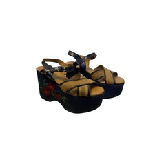 VTG 1970s espadrille platform sandals Size 7 Embroider flowers. Rattan, Leather