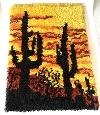 Vintage 1970s Desert Cactus Sunset Latch Hook Rug Wall Hanging Boho Shag Carpet