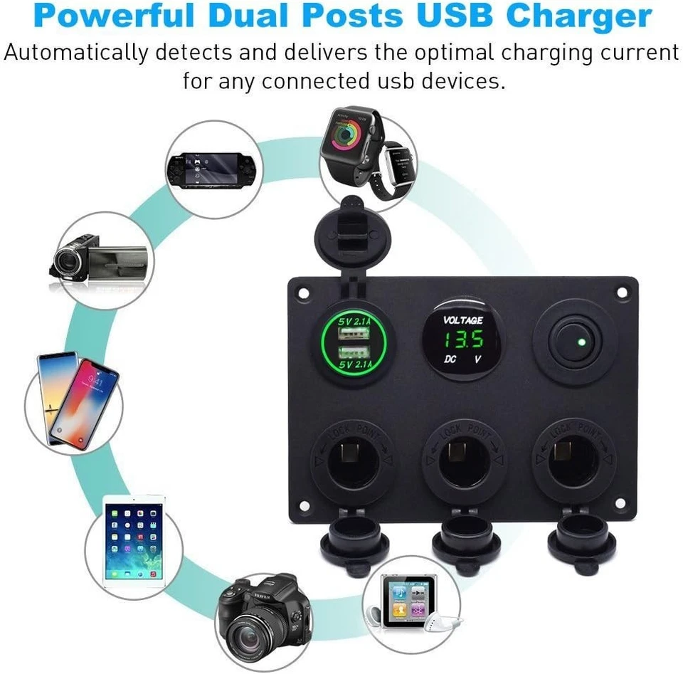 Dual USB Charger with LED Voltmeter & 3-Socket 12V Power Outlet for Vehicles - Image 4 of 4