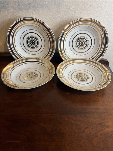 Isaac Mizrahi Cereal/Soup Bowls 8.5” Set Of 4 Gold And White