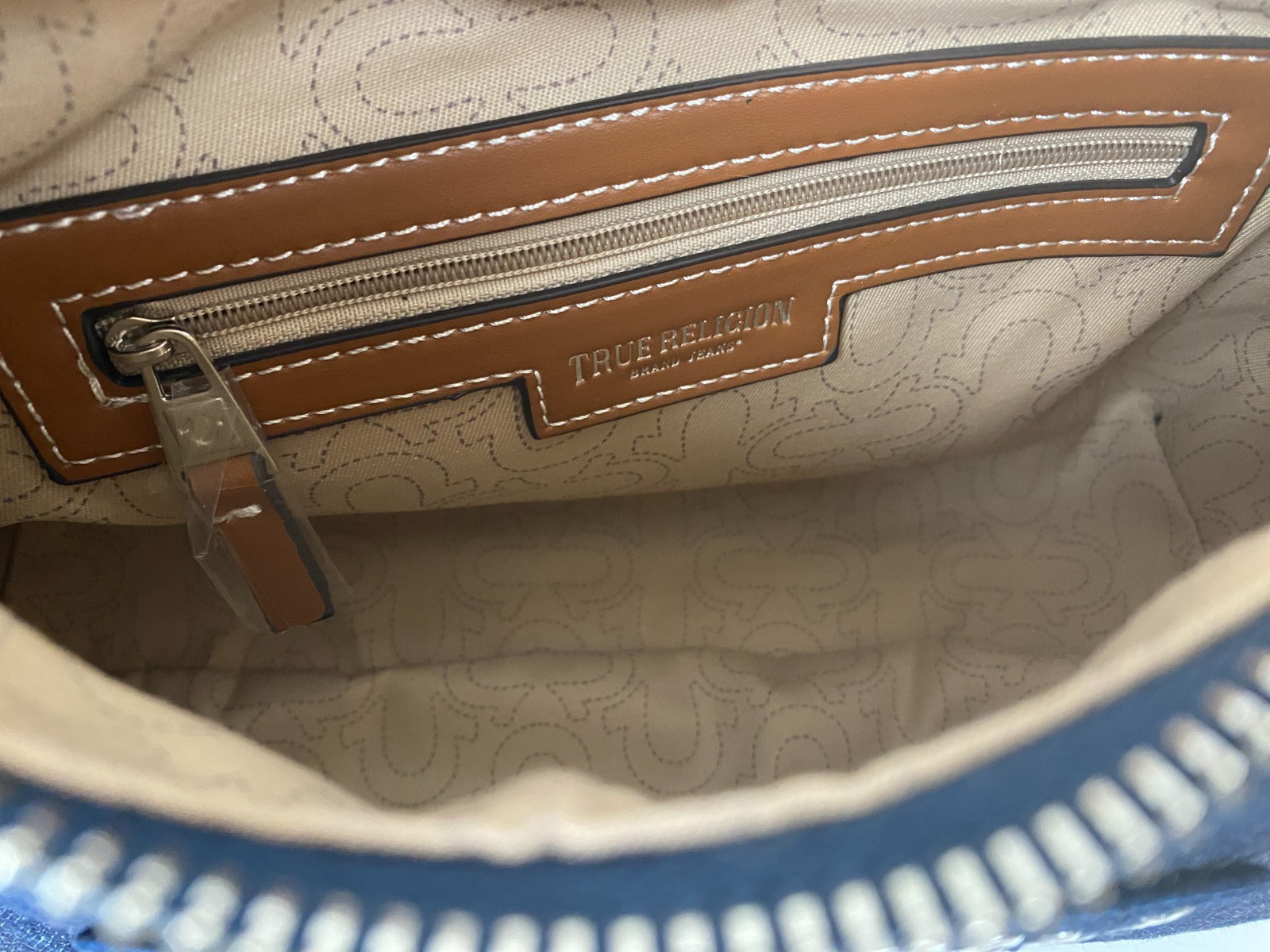 New TRUE RELIGION Blue Denim Raised Horseshoe Hobo Shoulder Bag Studds 14" x 9" thumbnail 3