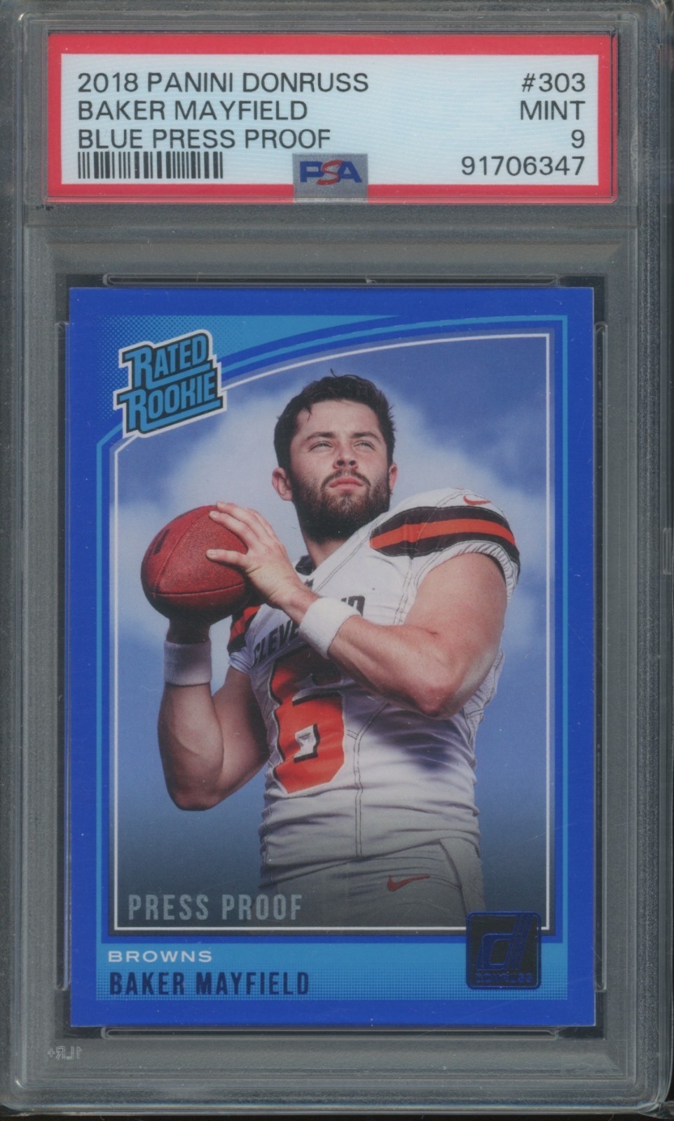 2018 Panini Donruss Football Baker Mayfield #303 RC Blue Press Proof PSA 9