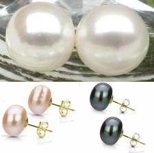 Large 12-13mm 13-14mm Natural Akoya Cultured Pearl 14K Gold GP Stud Earrings AAA