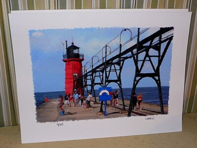 Archival art print MICHIGAN'S SOUTH HAVEN LIGHTHOUSE by John Leben. Limited Ed
