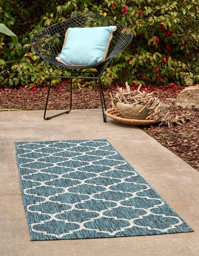 Unique Loom Outdoor Trellis Collection Area Rug (2' 7" x 12' Runner, Teal/ Gr... - Picture 3 of 7