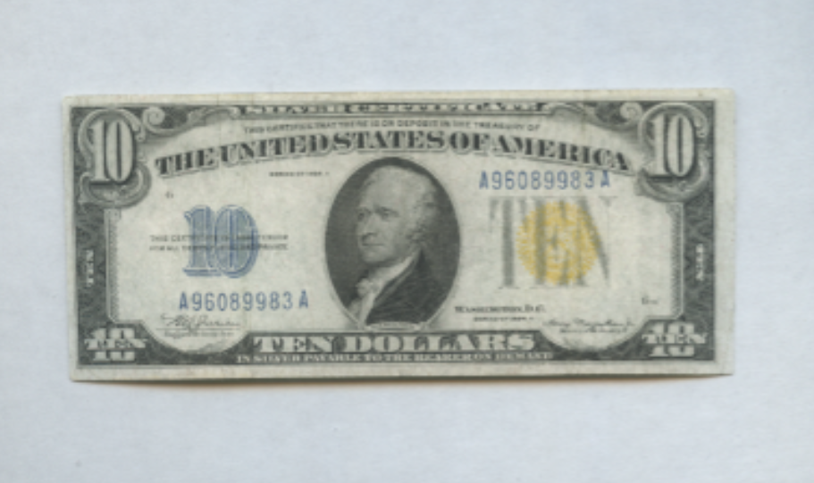 1934 A Ten Dollar $10 Silver Certificate Yellow Seal 86 plate