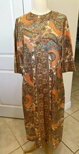 Vintage 1960s 0range Flower Wrap Kaftan Tunic Maxi Dress. Zipper Back. Pockets.