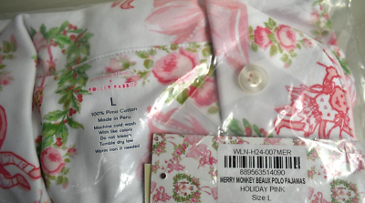 Pyjama Roller Rabbit X LoveShackFancy - Merry Monkey - Manches Longues - Taille XS - Neuf Avec étiquettes - Blanc/Rose