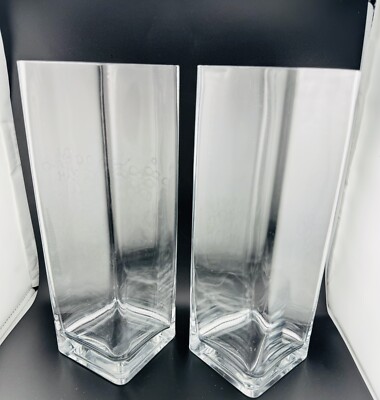 Pair Of 11'' Tall Glass Square Matching Vases 4'' Base No Cracks No Chips