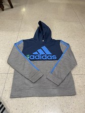 NWT Adidas Boys Blue Gray 3 Stipes Pullover Logo Hoodie Hoody Sz XL 18-20