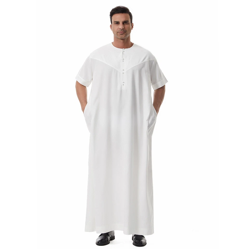 Accappatoio arabo uomo saudita Thobe Jubba Dishdasha uomo musulmano manica corta caftano Thoub - Immagine 4 di 4