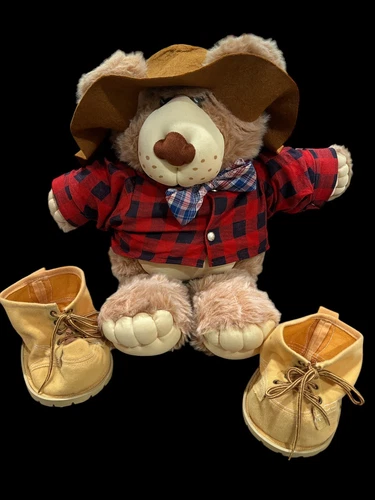 Vintage FurSkins Xavier Roberts Plush Stuffed Toy Bear w/ Felt Hat, Boots, Tie