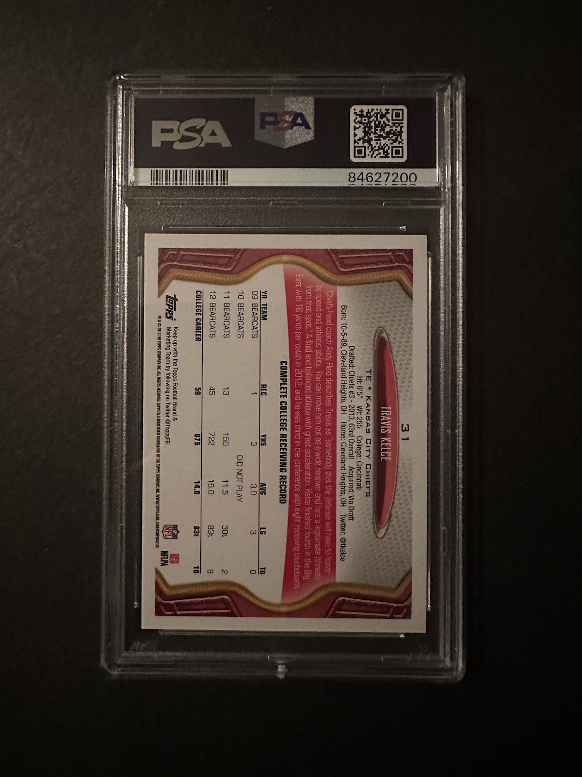 TRAVIS KELCE 2013 TOPPS FOOTBALL ROOKIE BASE CHIEFS RC PSA 8 view 2