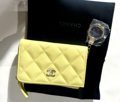 CHANEL Yellow Quilted Caviar Zipped Key Holder Case 100% Authentic