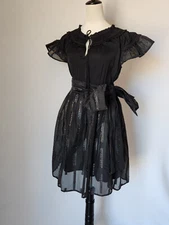 Sui by Anna Sui Cocktail Party Bow Midi Dress Fit-Flare Sheer-Fabric Black Sz.S