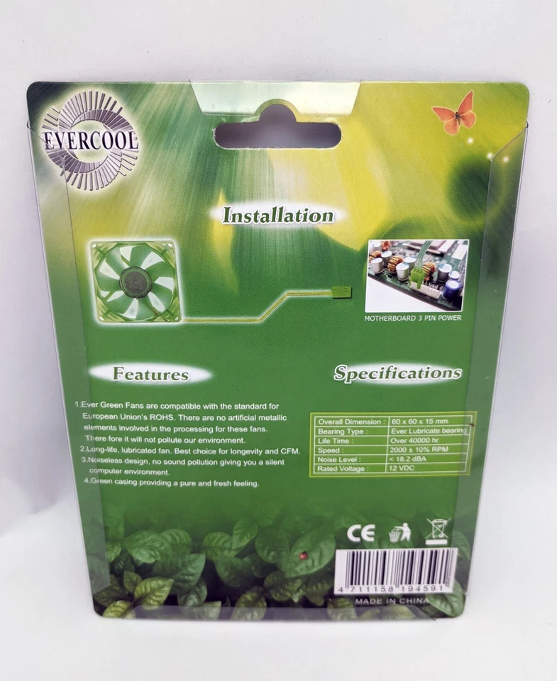 NEW Evercool Green Super-Quiet 19dBA 60mm x 15mm 3pin PC Case Cooling Fan EGF-6 - Image 3 of 4