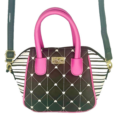 Luv Betsey Johnson Mini Satchel Bag Black & White/LOVE 8''x6.5''x4'' Fuchsia Handle