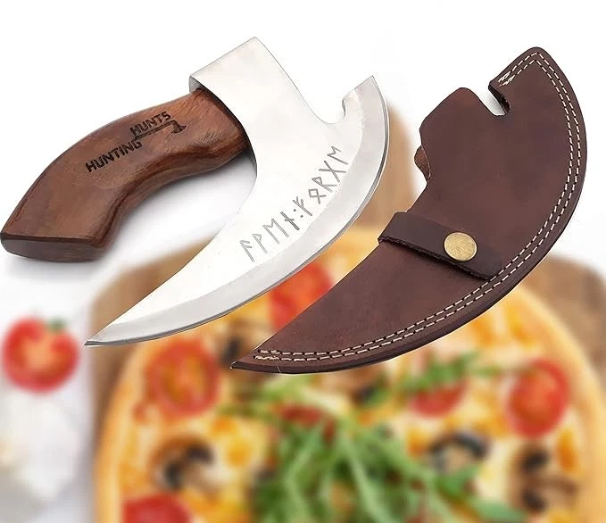 Cuchillo de hacha cortador de pizza vikingo hecho a mano hoja de acero al carbono mango de palo de rosa regalo Foto 2 de 4