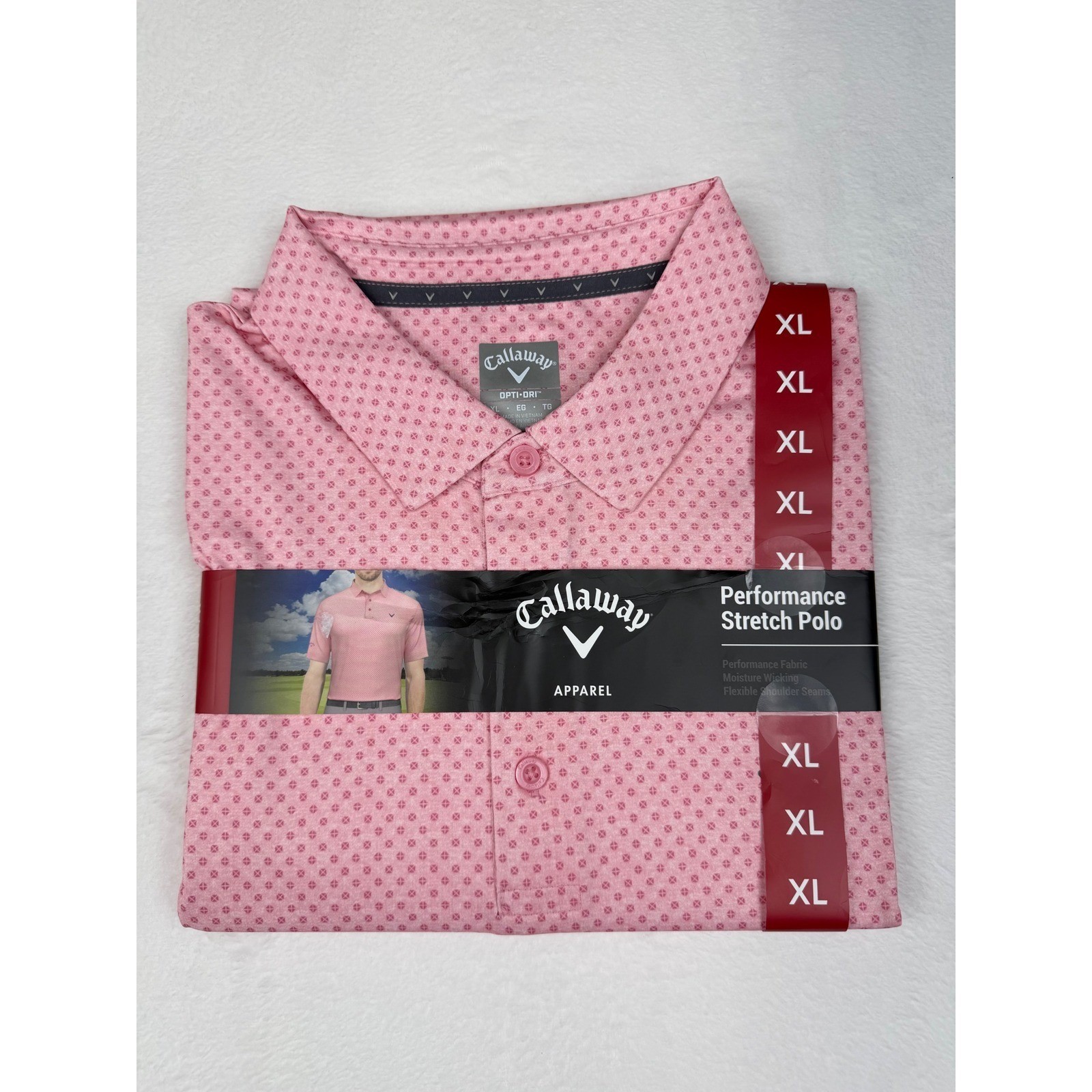 Callaway Mens Performance Stretch Polo Shirt XL Sea Pink Geometric Opti-Dri NWT