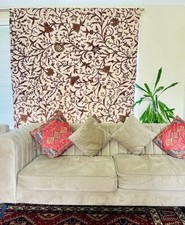 DESIGNER VINTAGE ANTIQUE CREAM LINEN WOOL EMBROIDERED BESPOKE CREWEL CURTAINS