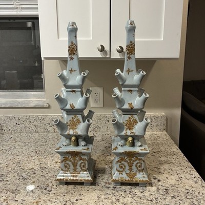 Tozai Home Tulipieres Vases Pair Blue Gold Ornate Design FREE DELIVERY