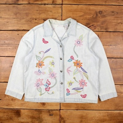 Vintage White Stag Overshirt Jacke XL bestickt Denim Blumen blau Damen