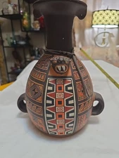 Vtg  Peruvian Inca Geometric Earth Tones Jaguar Clay Handled Vase/ Pitcher 10.5"