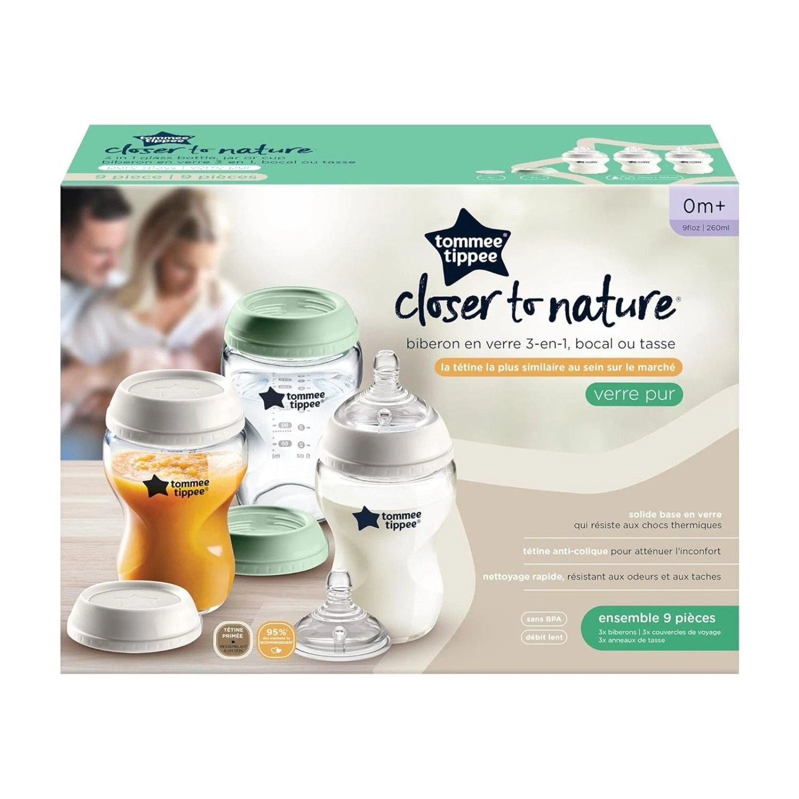 Tommee Tippee Natural Start Glass Baby Bottle & Jar Set, 9oz, Slow Flow Open Box