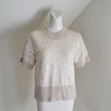 Vtg Short Sleeve Ivory Wool Pearl Beaded Sequin Top