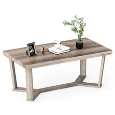 Coffee Table Solid Rubber Wood Center Table with Cross-Shaped Base Accent Table