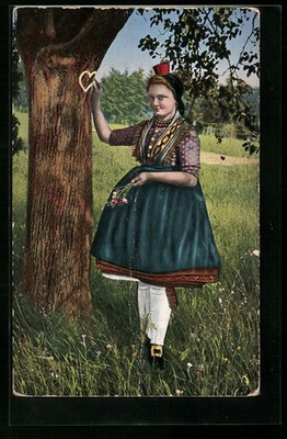 Young Woman in Hessian Costume Carving a Heart in the Tree, Postcard 193 