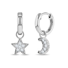 Star Moon Dangle 9mm Kids / Children's / Girls Earrings Hoop - Sterling Silver
