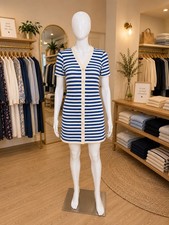 NWOT Mango Blue And Cream Striped V-neck Front Button Knit Dress Size 2