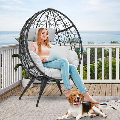 Large Wicker Egg Chair with Stand for Indoor and Outdoor, Cushion, and Adjustabl