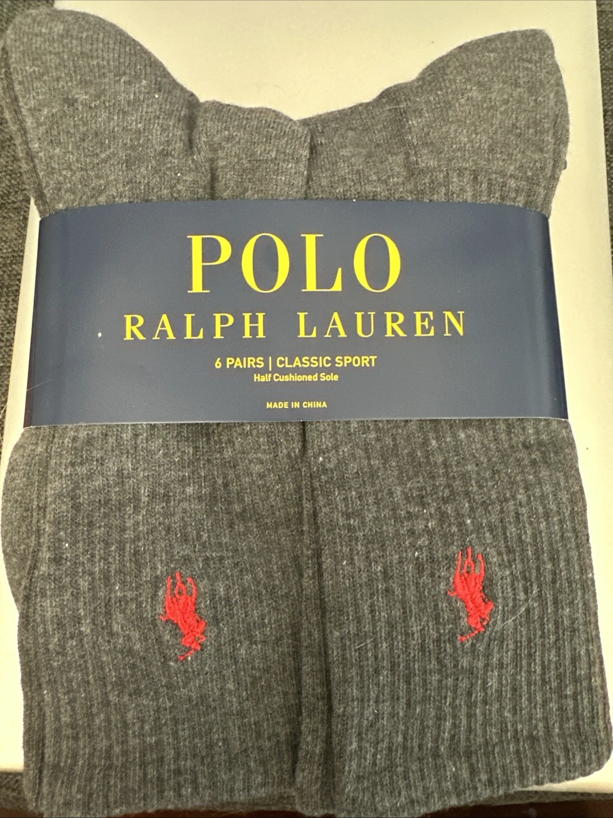 NWT Polo Ralph Lauren Classic Sport Cushioned Crew Socks 6 Pack Mens Grey Mens