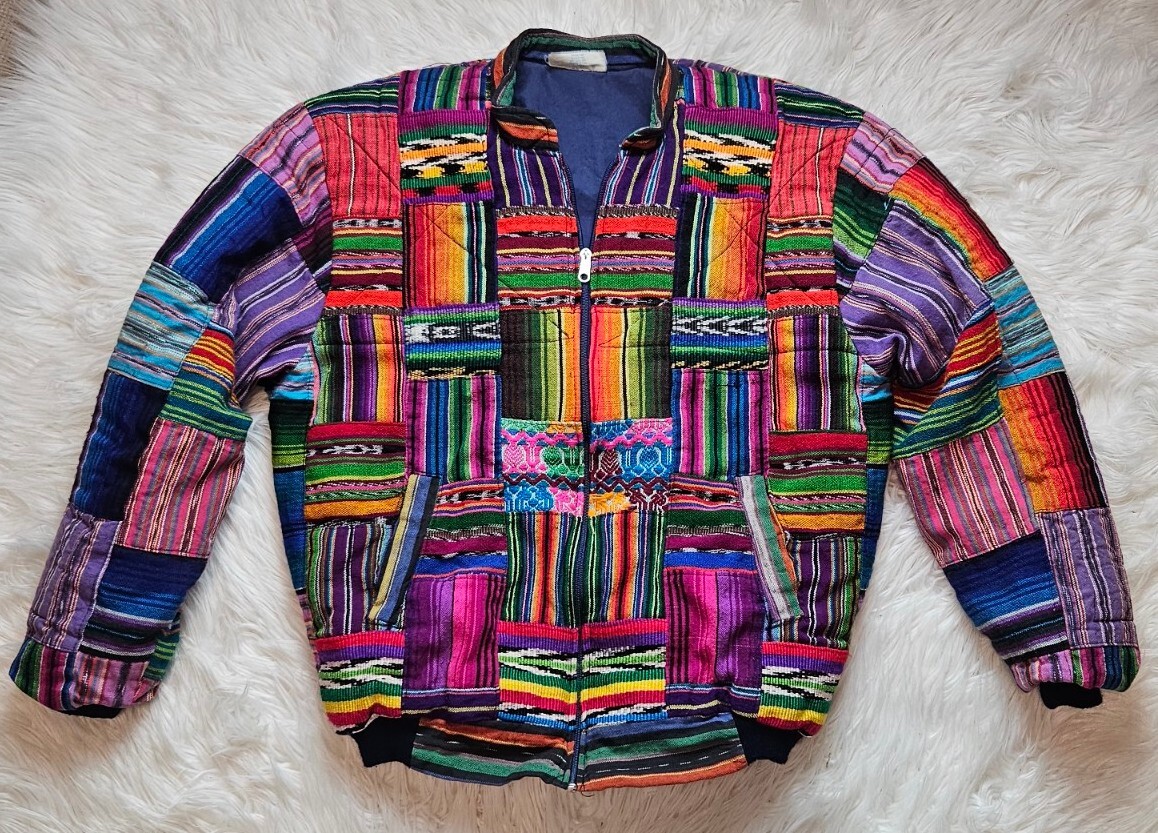 VTG Quilted Coat Patchwork Textile Guatemala Ethn… - image 1