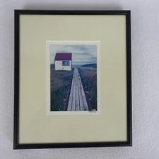 Vintage Print New England Saltbox House Harbor Seascape Framed Artist Signed