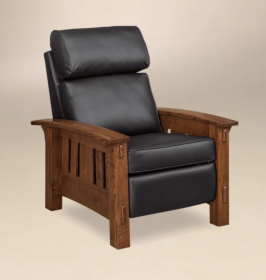 Amish Mission Arts & Crafts Recliner Chair Solid Wood Upholstered - Image 2 of 4