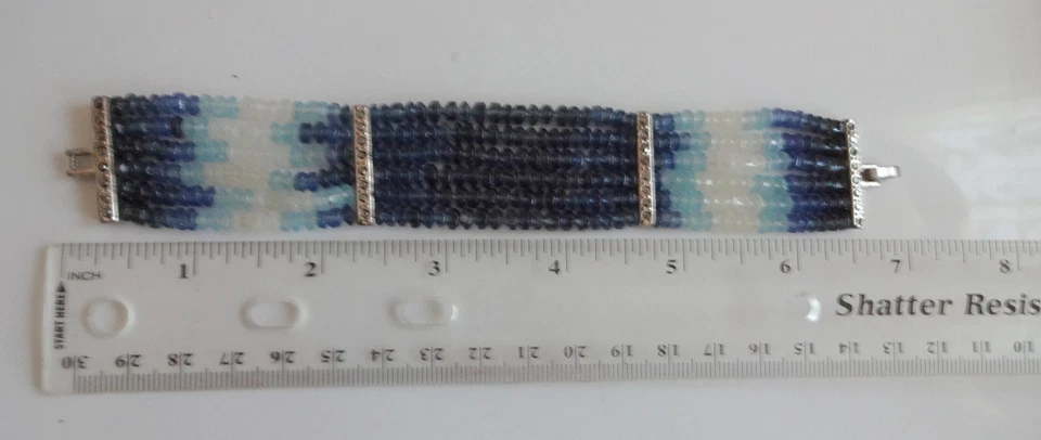 MONET Vtg Multi Strand Silver Tone 3 Color Blue Glass Jewelry Unusual Rare 7.5" - Image 3 of 4